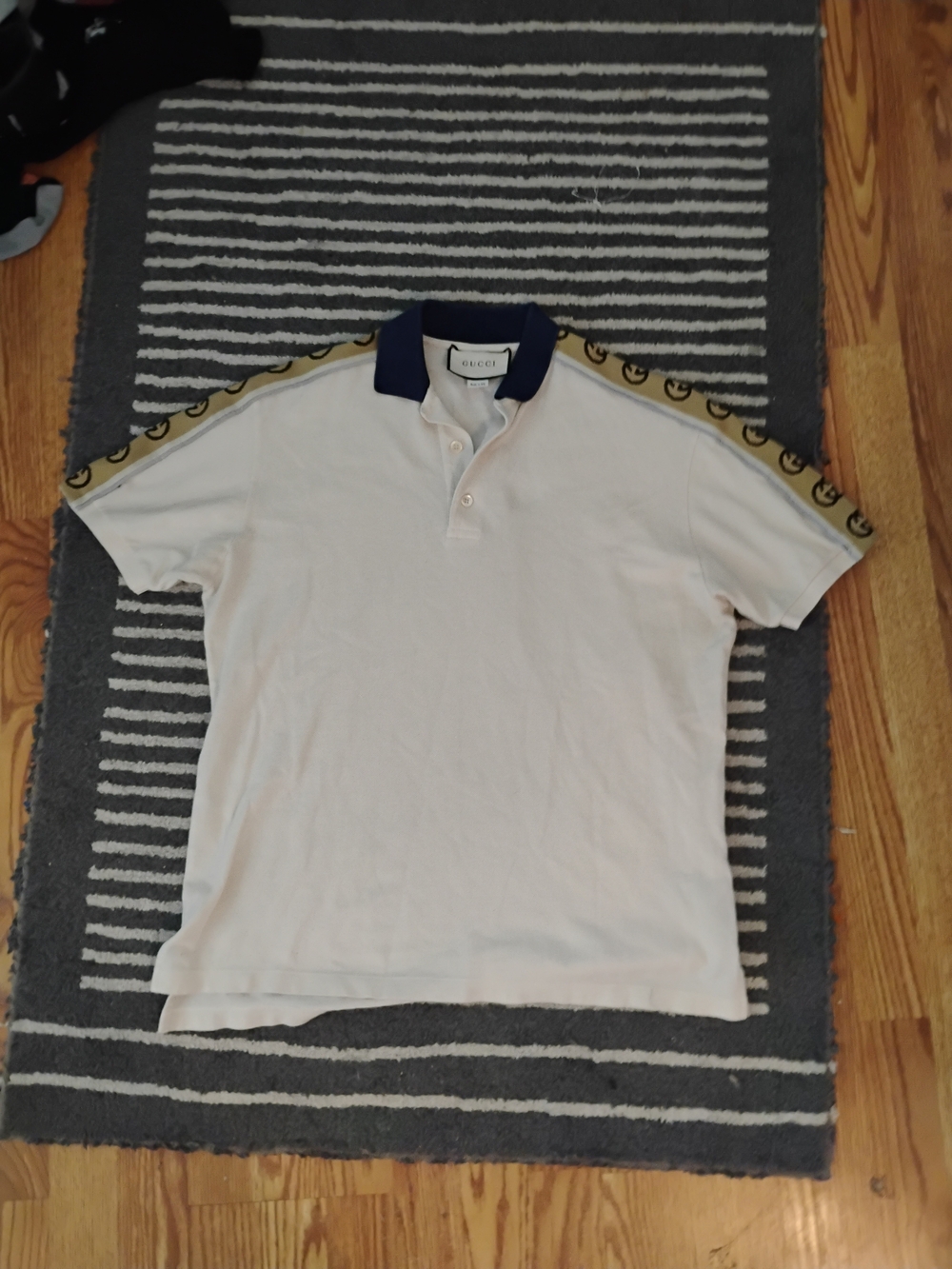 Gucci White Polo with Navy Collar and Gold Branded Shoulder Tape